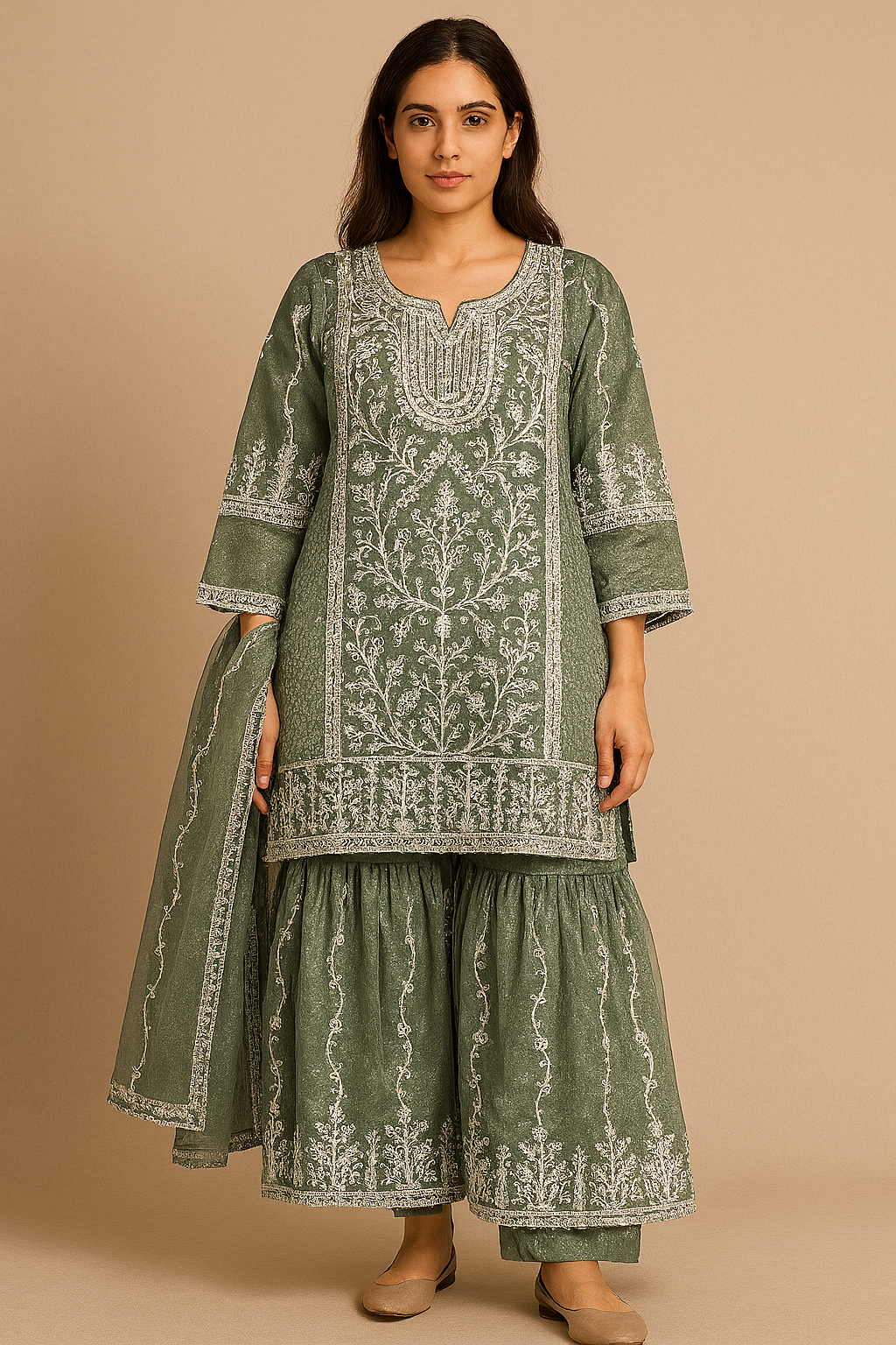 Sage Green Chikankari Embroidered Suit Set for Women